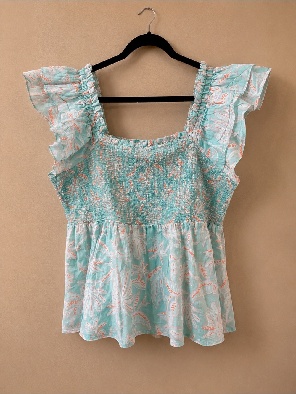 Vineyard Vines Mint and Coral Smocked Flutter-Sleeve Peplum Top